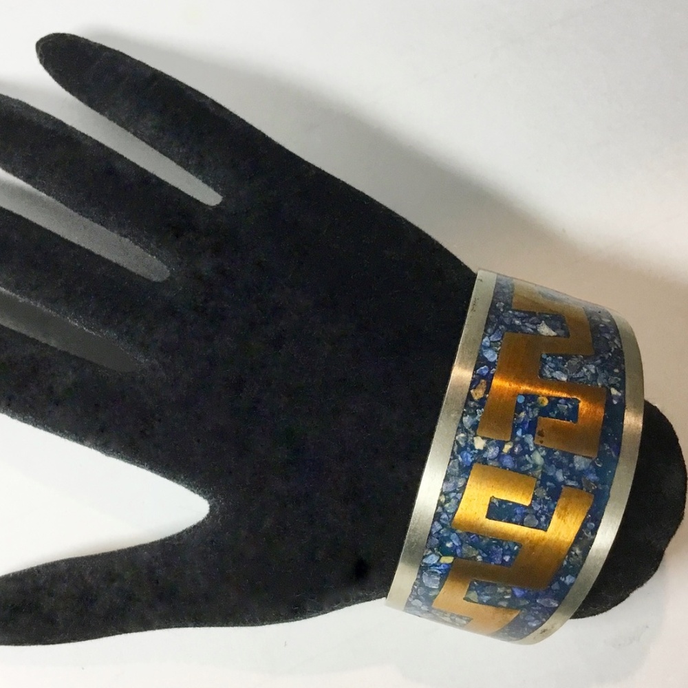 Vintage Taxco, Mexico Crushed Lapis, Copper & Alpaca Aztec Design Cuff Bracelet